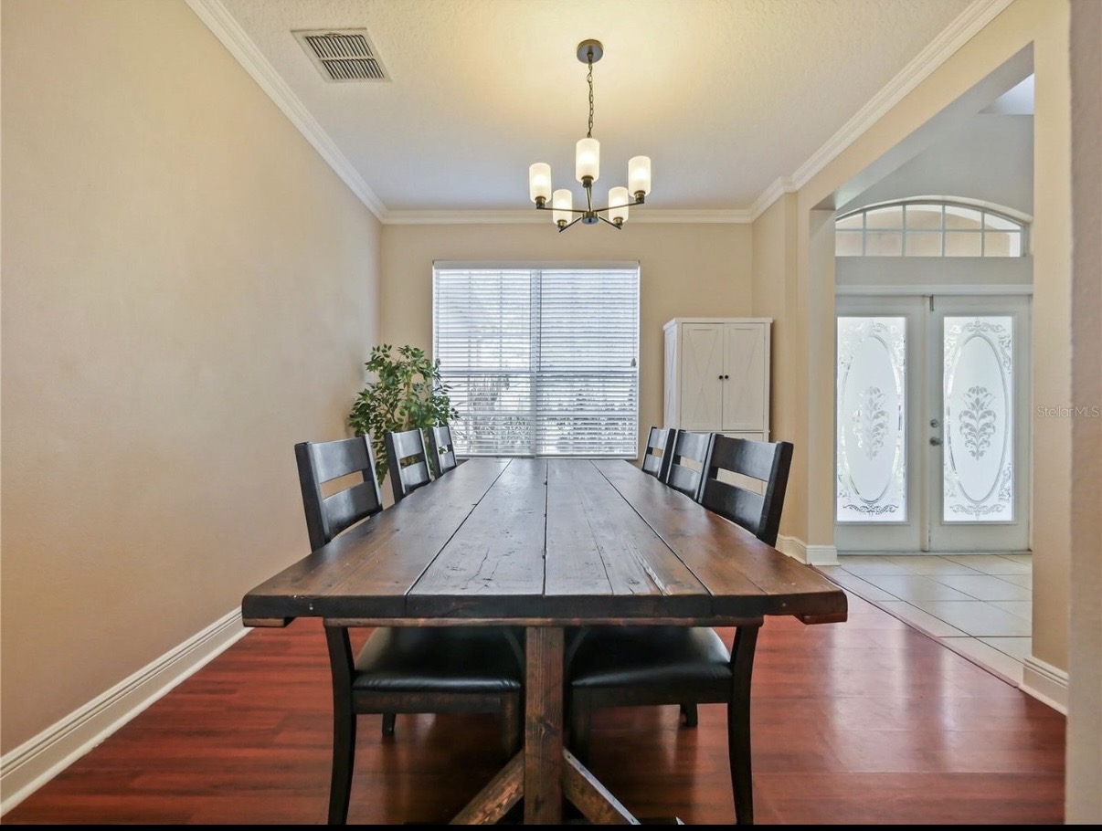 Formal dining room with farmhouse table